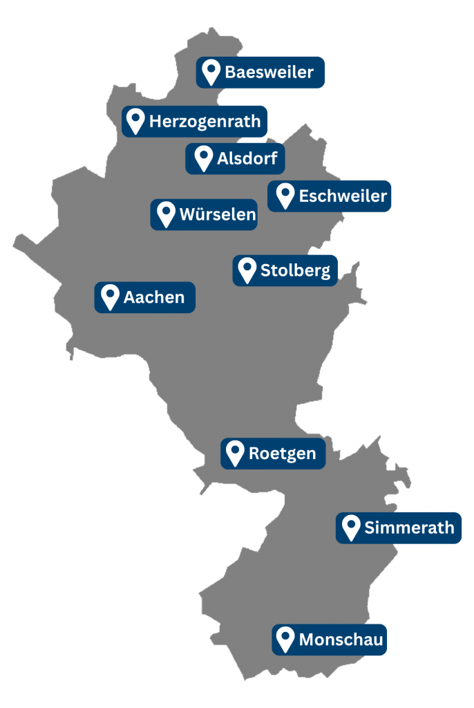 Gebäudereinigung in Aachen und Umgebung – Karte des Kreises Aachen mit hervorgehobenen Städten und Gemeinden. Markiert sind Aachen, Würselen, Stolberg, Eschweiler, Alsdorf, Herzogenrath, Baesweiler, Roetgen, Simmerath und Monschau. Die Orte sind über das gesamte Kreisgebiet verteilt, von der Stadt Aachen im Westen bis Monschau im Süden.