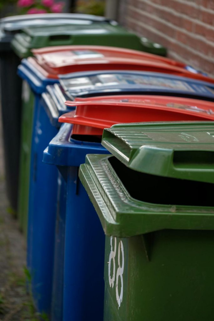 Mülltonnenservice Aachen – In einer Reihe ordentlich aufgestellte Mülltonnen (blau und grün).