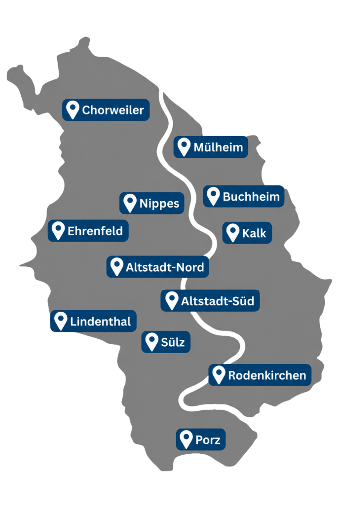 Gebäudereinigung in Köln – Übersicht der Einsatzgebiete. Die Karte zeigt die Stadt Köln mit den wichtigsten Einsatzgebieten unserer Gebäudereinigung: Chorweiler, Nippes, Ehrenfeld, Lindenthal, Sülz, Altstadt-Nord, Altstadt-Süd, Mülheim, Buchheim, Kalk, Rodenkirchen und Porz.